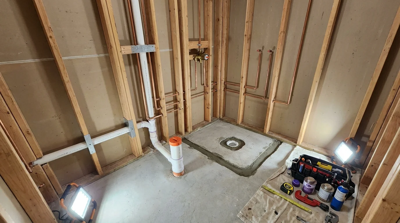 Bathroom rough-in plumbing during remodel by Johns Plumbing LLC in Golden Valley