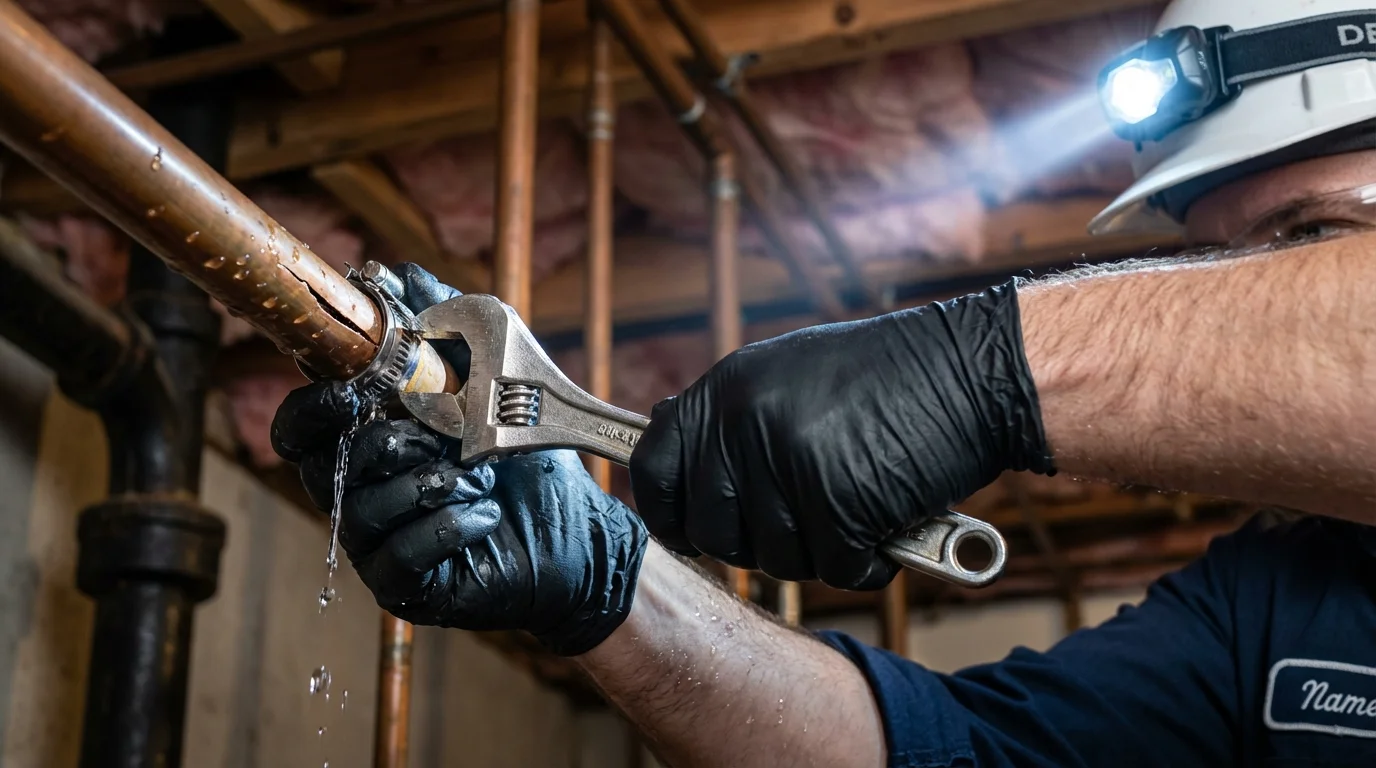 Emergency pipe clamp repair being performed by a Johns Plumbing LLC plumber in Golden Valley
