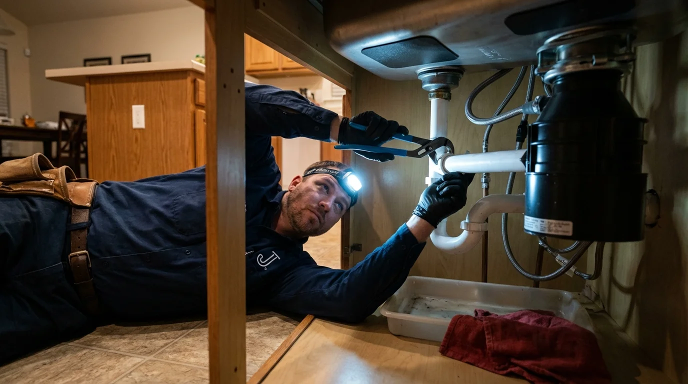 P-trap and supply line connections under a kitchen sink showing a common leak point in Golden Valley, AZ
